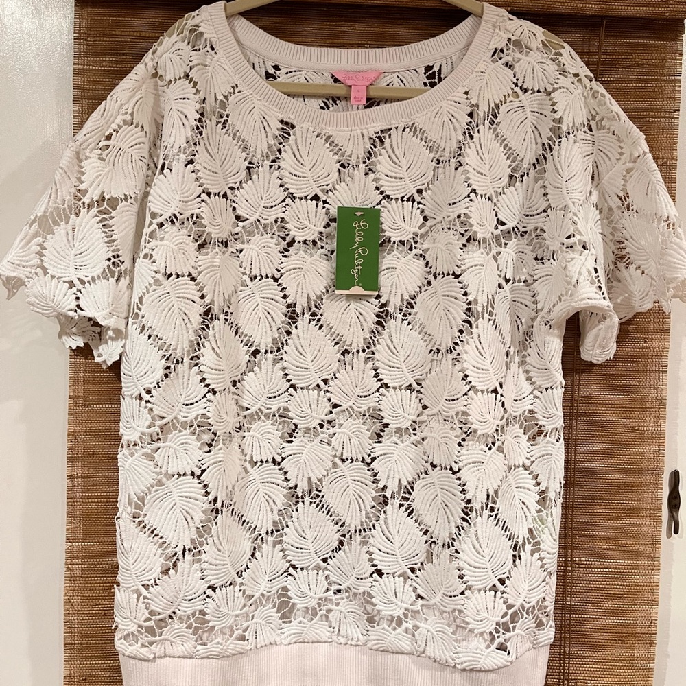 Lilly Pulitzer Royal Palm Knit Lace resort white lace top of palm leaves.